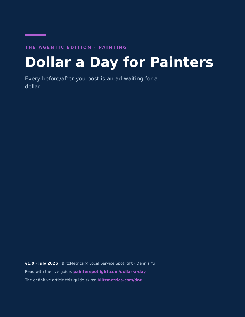 Cover of the Dollar a Day for Painters PDF guide, Painting edition, version 1.0 July 2026